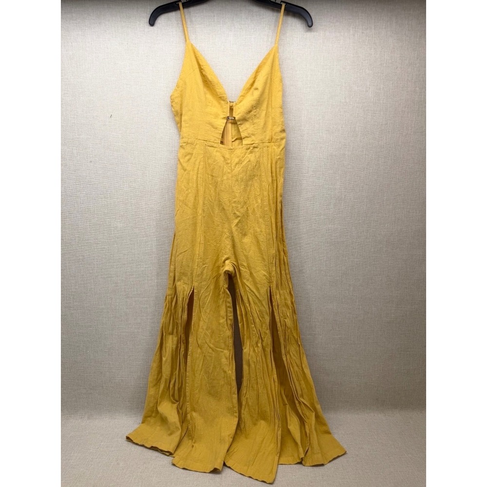 SHEIN Mustard Yellow Wide Leg Jumpsuit Size S Cotton Cutout Front Slit Boho